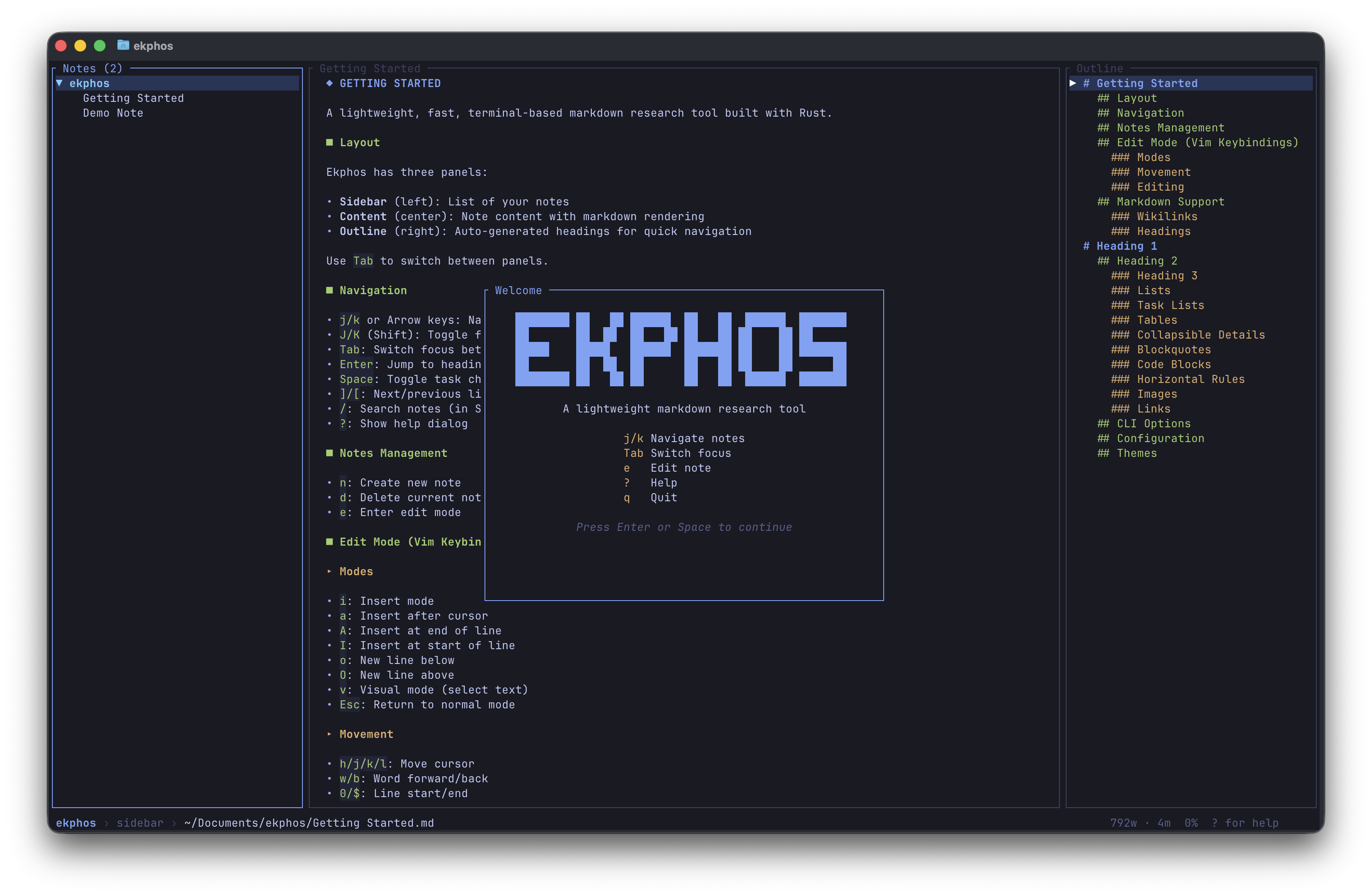 Ekphos TUI screenshot showing three-pane layout with notes sidebar, content view, and outline panel